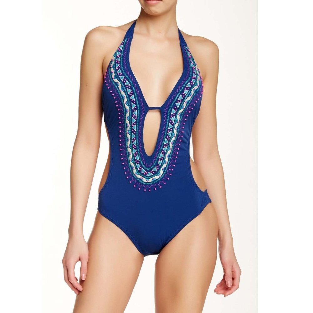 NWT Nanette Lepore Costa Del Sol Seductress Halter One Piece Beaded Swimsuit L